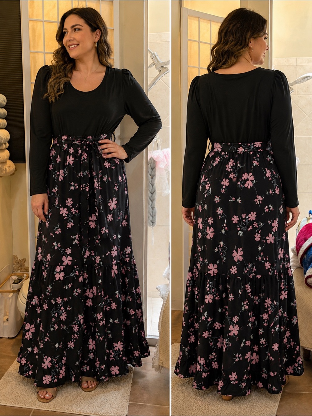 Black & Pink Floral Maxi Dress with Long Sleeves